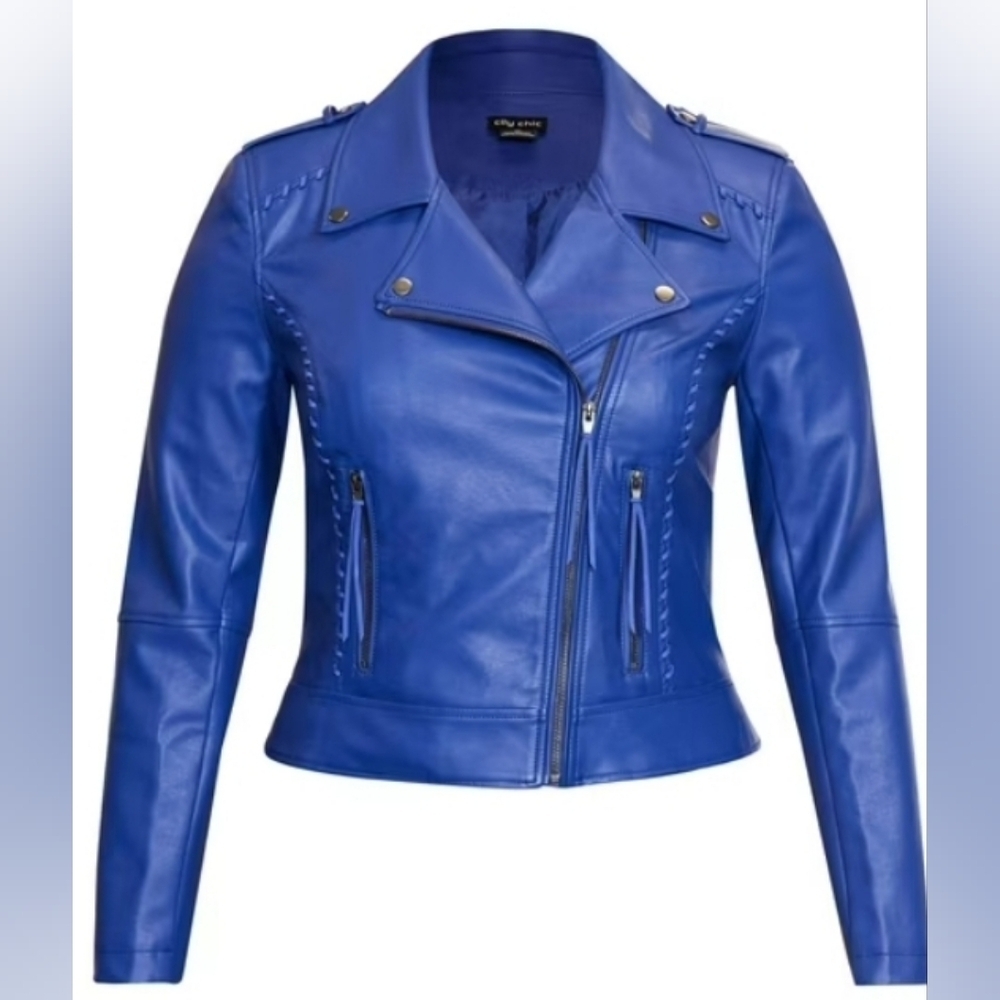 City Chic Women's Whip Stitch Biker Jacket Blue Size XL/22